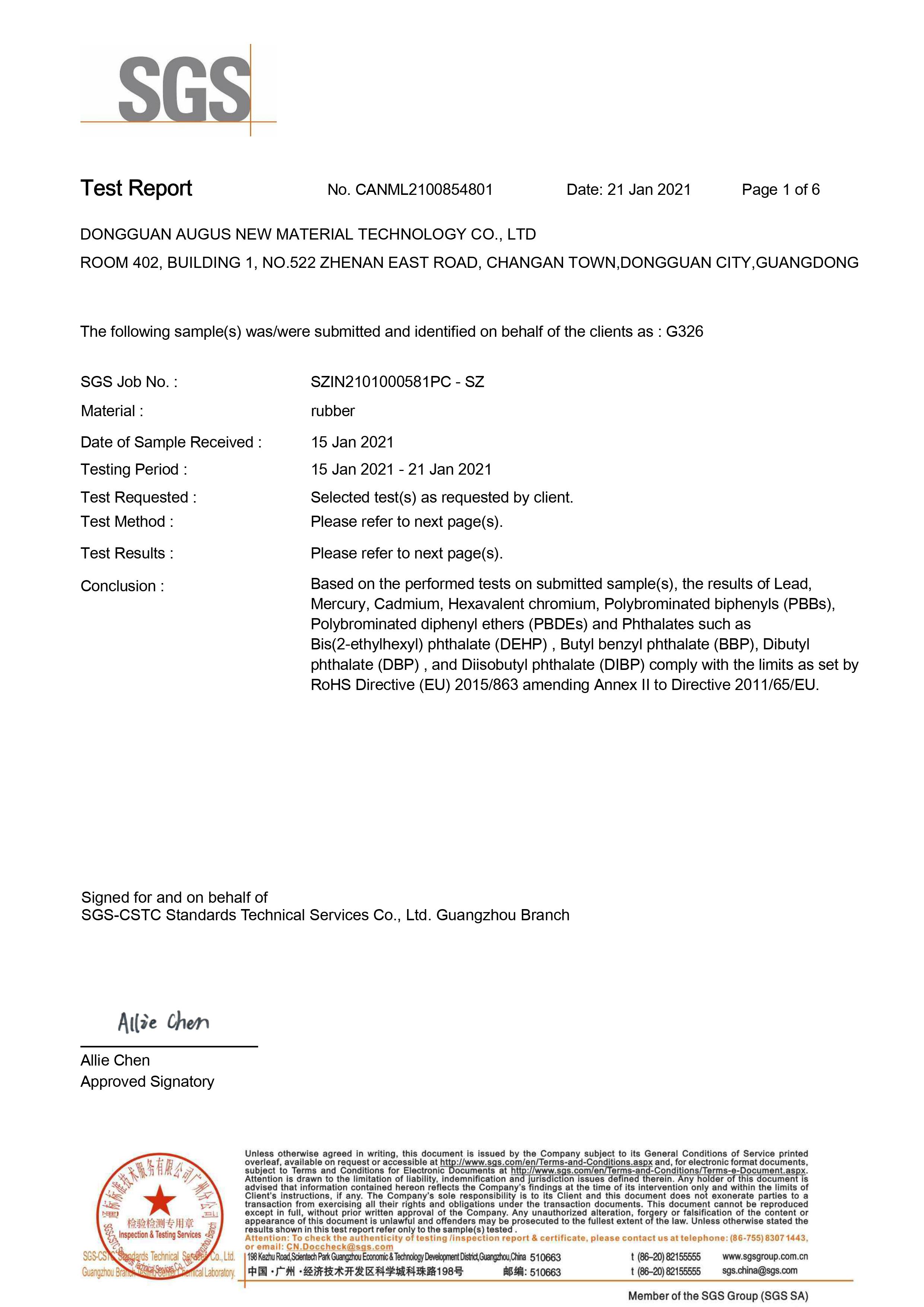 AUGUS Adhesive testing (RoHS + SGS)