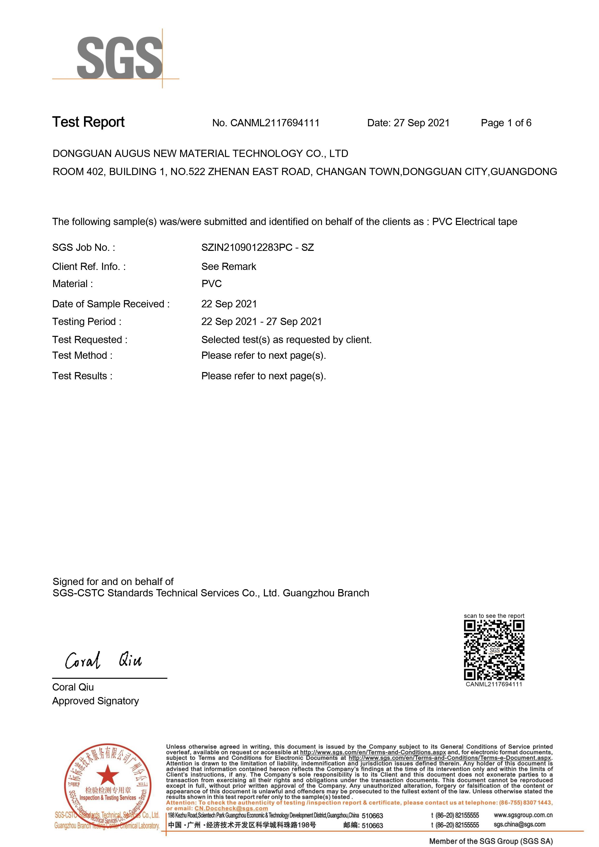 AUGUS - Certificate (SGS) all items of PVC tape