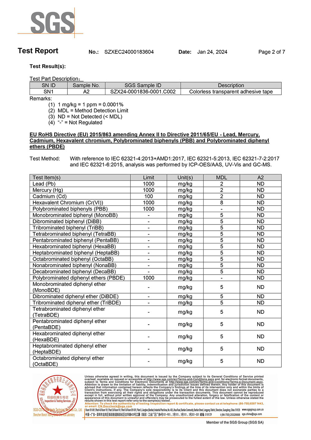 PVC Protective Tape RoHS Test Report